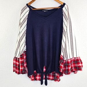 Main Strip Boutique ruffle dolman red white blue waffle knit top Large